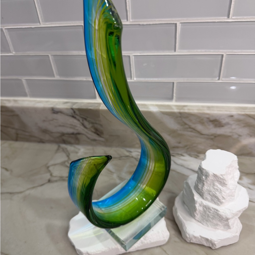Hand Blown Art Glass Abstract Sculpture Green Blue Murano Style Modern Decor - Picture 4 of 4
